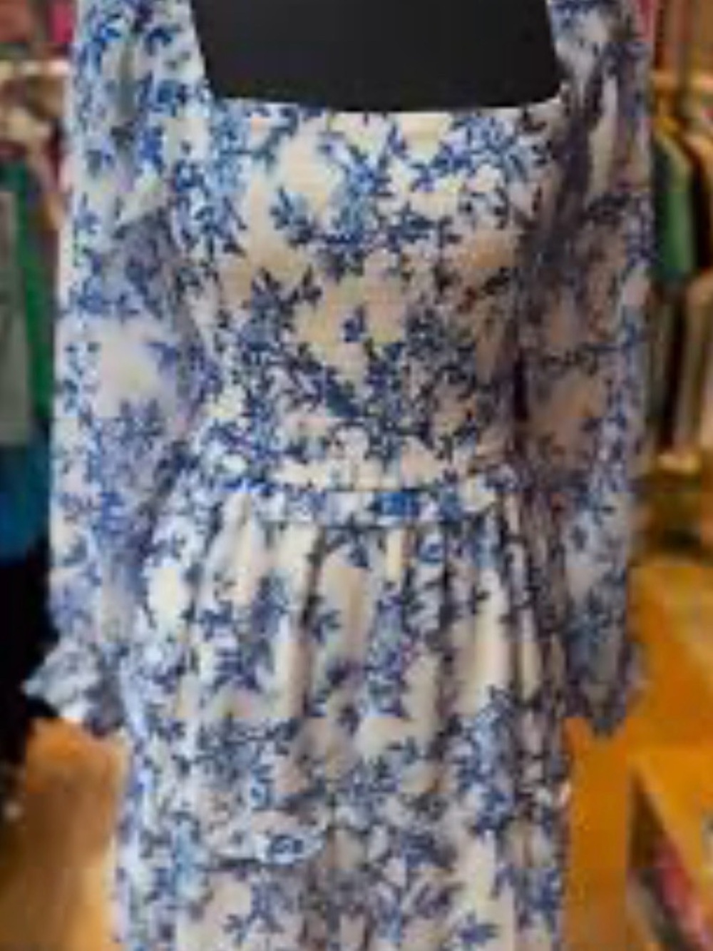Blue Floral Square-Neck Long Sleeve Dress
